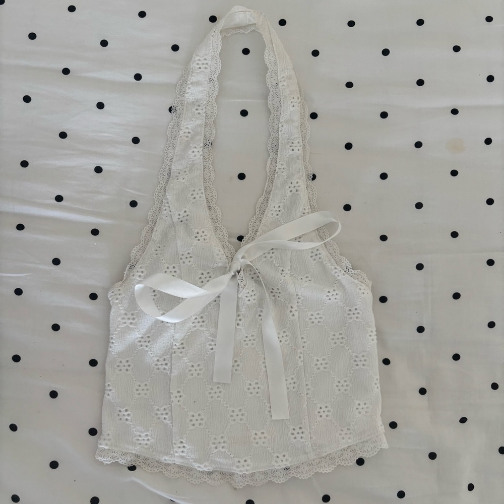 Kimchi Blue Urban Outfitters White Lace Halter Top with Ribbon Bow